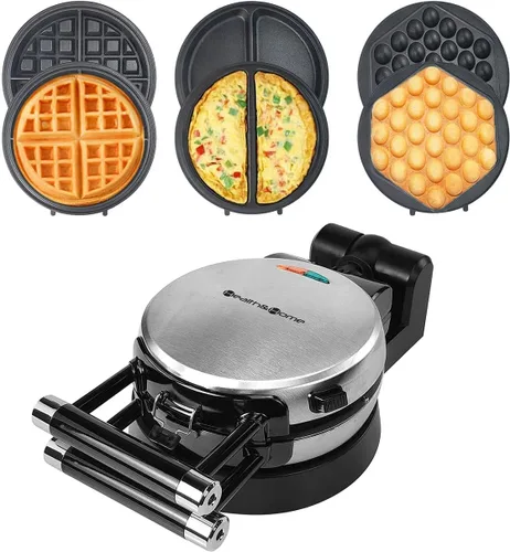 Health and Home Gofrera 3 en 1 para Gofres, Tortilla y Gofres de Huevo, 3 Placas de Cocción Antiadherentes Extraíbles, Gofrera Belga Giratoria 360°