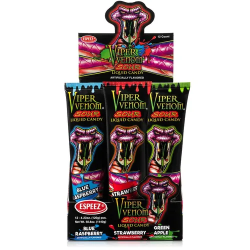 Viper Venom - 12 tubos de caramelo líquido para apretar, empaquetados individualmente, incluye 3 sabores: frambuesa azul, fresa y manzana verde,
