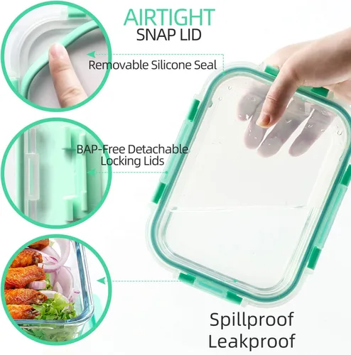 Miniatura 3 de C CREST [Paquete de 10] Contenedores de vidrio para almacenamiento de alimentos con tapas, herméticos, sin BPA, recipientes de preparación de Verde