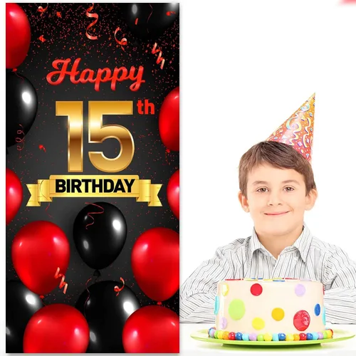 Miniatura 7 de Cartel de feliz cumpleaños 15 cumpleaños rojo y negro telón de fondo para cabina de fotos, globos de vítores a 15 años de edad, decoración temática