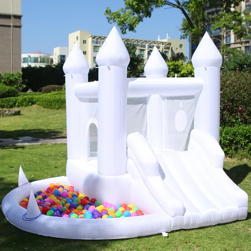 Casa inflable blanca con soplador, piscina de bolas, castillo animoso para patio trasero, adecuado para patio, eventos, fiestas, bodas, regalos para
