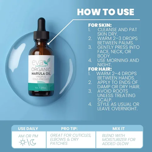 Miniatura 6 de Eva Naturals Aceite de marula – Aceite prensado en frío 100% puro para cara, cabello, piel y cuerpo – Suero facial ligero y de masaje – Hidratante