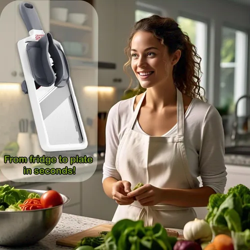 Miniatura 7 de Cortadora de mandolina para cocina, cuchillas ajustables de acero inoxidable, con agarre cómodo, cortador de verduras para pepino pequeño a mediano