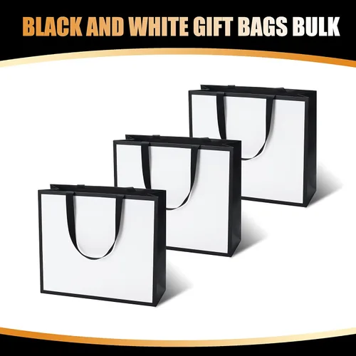 Miniatura 6 de Bolsas de regalo en blanco y negro con asas de cinta, 10 unidades de 12.5 x 4.5 x 11 pulgadas, bolsa de regalo blanca y negra, bolsas de regalo