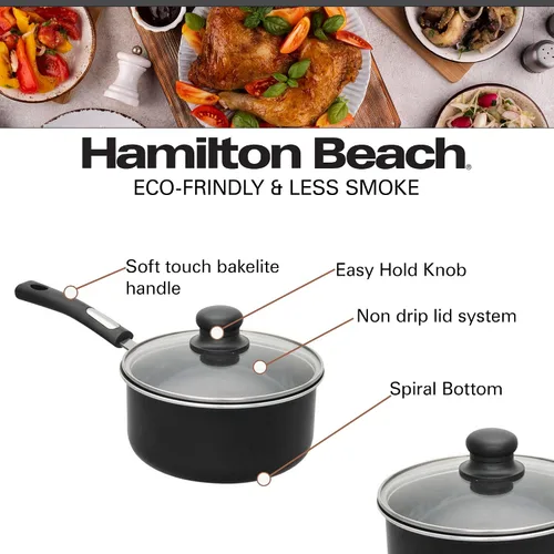 Miniatura 3 de Hamilton Beach Juego de utensilios de cocina cubiertos de aluminio, sartén antiadherente, horno holandés con mango de baquelita suave al tacto, Negro