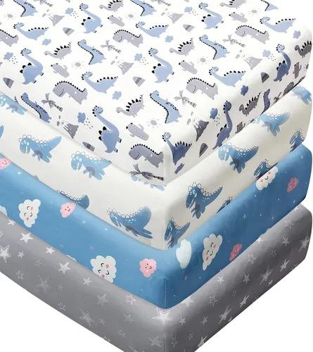 Miniatura 9 de Juego de 4 sábanas suaves para bebé, diseño de dinosaurio, estrella, nube, poliéster, neutro, unisex, juego de sábanas bajeras para bebés niños