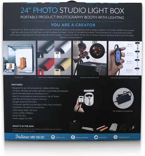 Miniatura 3 de Bower Caja de luz portátil de estudio de 24 pulgadas para teléfonos inteligentes, réflex digitales y cámaras compactas, diseño plegable