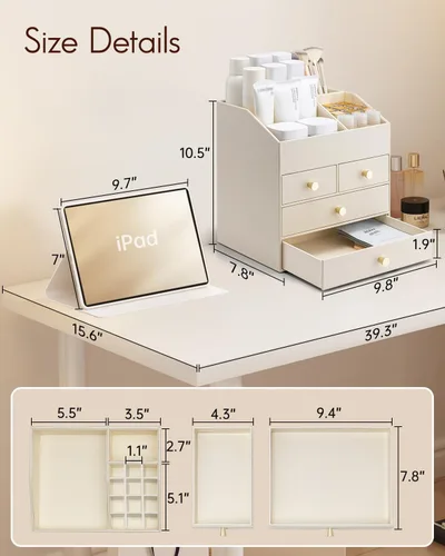 Miniatura 5 de Vlando Organizador de Maquillaje para Encimera, Organizador Grande de Tocador de Cuero PU, Almacenamiento de Maquillaje con 4 Cajones, Organizadores