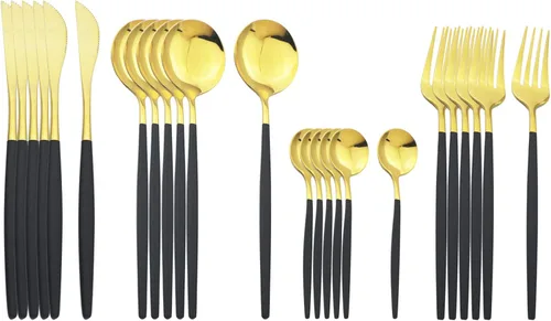 Miniatura 9 de Juego de cubiertos dorados con mango blanco, 24 piezas de acero inoxidable brillante, cubiertos para 6, aptos para lavavajillas Mango blanco dorado