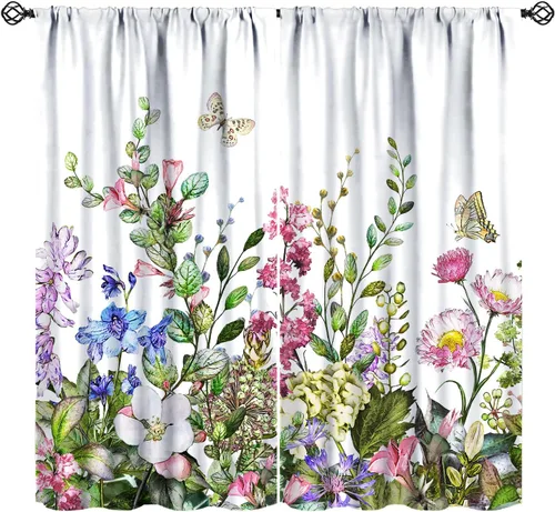 Cortinas florales vintage, plantas rústicas coloridas, botánicas, flores silvestres, mariposas, bosque, exóticas, hierbas, flores, ramas, impresión,