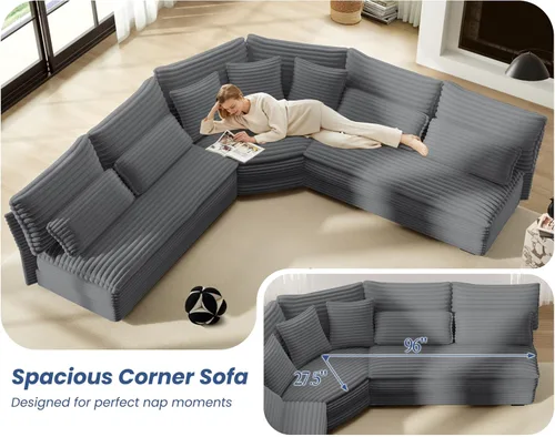 Miniatura 6 de Sofá modular de 5 plazas, sofá esquinero en forma de L de 102 pulgadas, sofá de pana de gran tamaño con cojines de 2 capas, sofá en forma de V