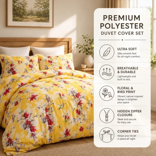 Miniatura 2 de DaDa Bedding - Funda de edredón con diseño floral amarillo radiante, colibríes, flores rojas, jardín, con fundas de almohada, brillante, vibrante