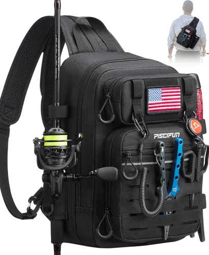 Miniatura 11 de Mochila Piscifun impermeable, de un solo hombro para almacenar los aparejos de pesca. Bolsa de correa cruzada multifuncional para camping, Doble