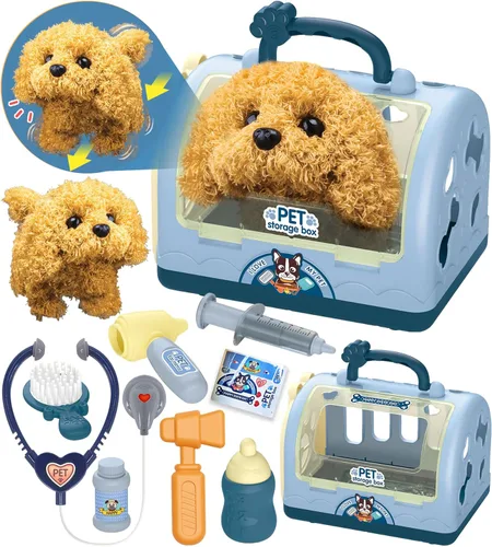 TEUVO Juego de cuidado de mascotas con juguetes de perro robot para niños, 12 piezas de juguetes de juego veterinario para niños, kit de