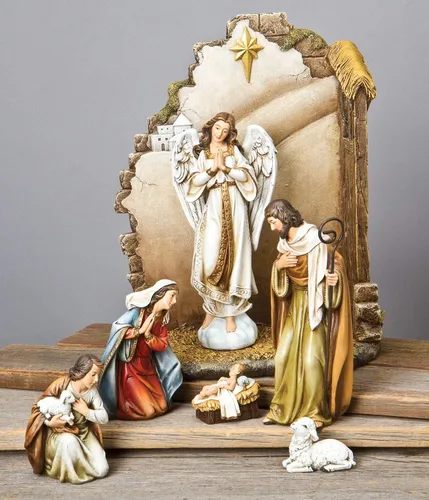 Miniatura 2 de Joseph's Studio by Roman - Belén de 7 piezas con pared trasera, incluye sagrada familia, ángel, pastor y oveja, 12.25 pulgadas de alto, resina