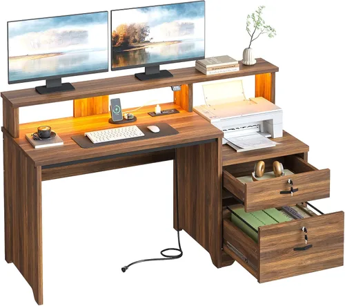 Miniatura 10 de Bestier Escritorio para computadora de 55 pulgadas con tomas de corriente y luces LED, escritorio de oficina en casa con cajón de archivos