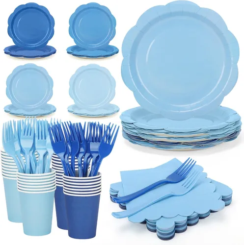 192 platos y servilletas de papel azul, platos de fiesta azul claro de 9 pulgadas, desechables, color azul degradado, suministros de fiesta para