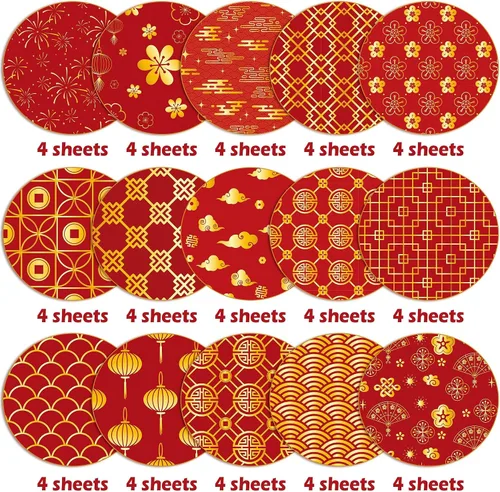 Miniatura 3 de Haooryx Juego de 60 piezas de papel estampado del Año Nuevo Chino, de doble cara de 11'x11', rojo y dorado, tema del Festival de Primavera, papel
