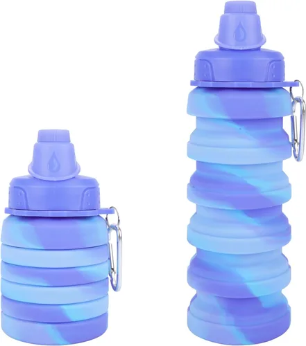 Botella de agua de silicona plegable, portátil, reutilizable, para adultos, niños, estudiantes, viajes, campamento y senderismo, morado y azul