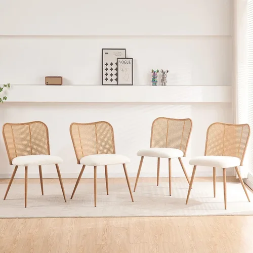 Miniatura 12 de Juego de 4 sillas de comedor de ratán, sillas de cocina tapizadas Boucle, sillas de comedor modernas de mediados de siglo, sillas de caña de Blanco