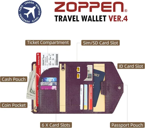 Miniatura 48 de Zoppen - Billetera de viaje con bloqueo RFID multiusos (Ver.4) Portatarjetas de pasaporte y vacunas, organizador de documentos de tres pliegues