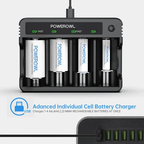 Miniatura 6 de POWEROWL Baterías recargables D con cargador de batería de 4 bahías, carga rápida USB, para baterías recargables AA AAA C D Ni-MH Ni-CD -4