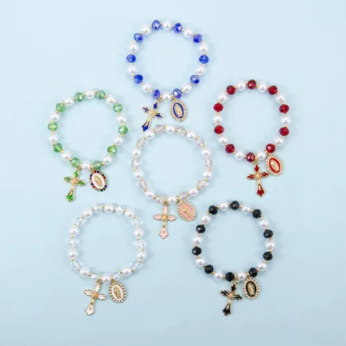 Miniatura 4 de Pulsera elástica de Virgen María con dije de cruz – Cristal de perlas multicolor con cuentas de joyería religiosa católica para mujer, regalo