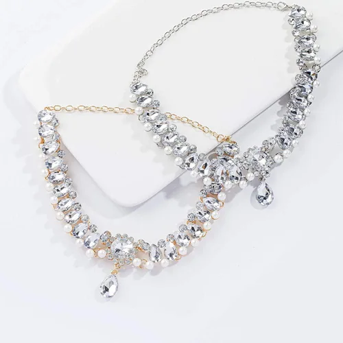 Miniatura 4 de Chmier Bohemia Rhinestone Choker Crystal Necklace Pearl Choker Wedding Jewelry Bridal Necklace Diamond Pendant Choker for Women and Girls