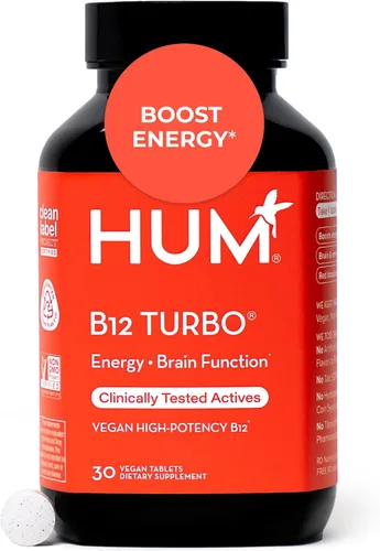 HUM Turbo B12, suplemento de vitamina B12, apoyo energético diario, calcio para la salud ósea, suplementos energéticos de vitamina B-12, sin gluten,