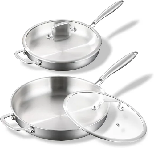 Miniatura 7 de DELARLO Juego de sartenes de cocina de acero inoxidable de tres capas con tapa de 10.5 pulgadas y 12.5 pulgadas, sartenes grandes de inducción