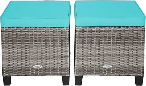 Miniatura 13 de HAPPYGRILL Juego de 2 otomanas de mimbre de ratán para exteriores, con cojines extraíbles, muebles de patio, reposapiés, asiento para reposapiés