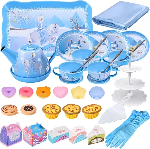 Miniatura 3 de PRE-WORLD Juego de fiesta de té para niñas pequeñas, 46 piezas de juguetes de princesa para la hora del té, incluyendo postre, galletas, dona