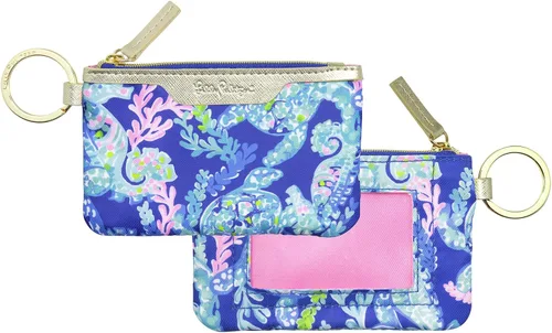 Lilly Pulitzer Cartera con soporte para identificación, cartera azul con llavero con cierre de cremallera, bonita tarjeta y funda de identificación