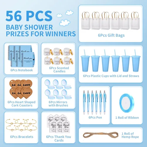 Miniatura 2 de 56 premios de baby shower para ganadores de juegos, regalos de baby shower, incluyendo vaso de plástico, cuaderno, velas perfumadas, bolígrafos Azul