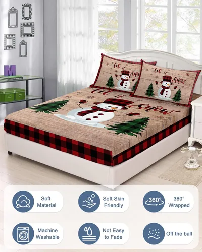 Miniatura 2 de Juego de sábanas con diseño de muñeco de nieve y árbol navideño para cama tamaño queen, 3 piezas - Sábanas con bolsillo profundo que se ajustan a