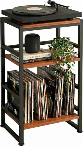 Soporte para tocadiscos, mesa para tocadiscos de 3 niveles con almacenamiento de vinilo en forma de U hasta 120 álbumes, mesa auxiliar de 28 Cherry