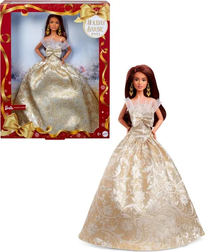 Barbie Signature 2025 Muñeca de festividades de cabello castaño oscuro, con vestido plateado y dorado, coleccionable de temporada en embalaje y