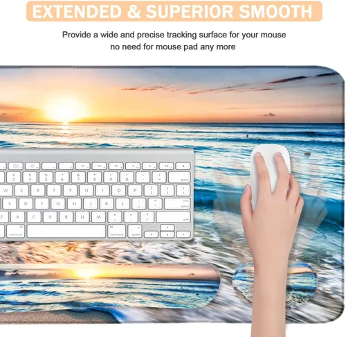 Miniatura 4 de Alfombrilla de mouse grande 4 en 1 para juegos, reposamuñecas para teclado y soporte para la muñeca, alfombrilla de escritorio extendida, Playa