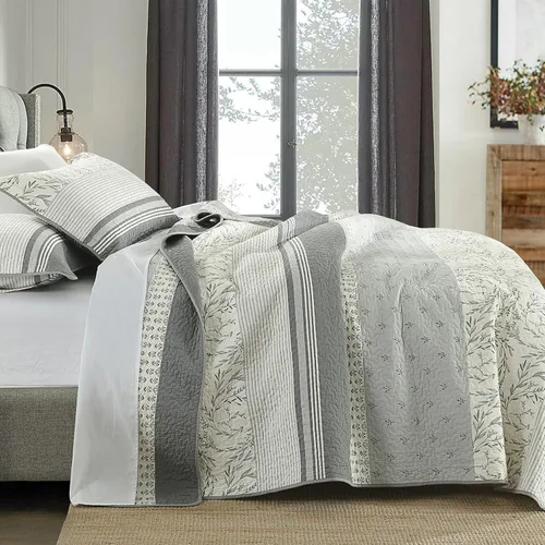 Miniatura 3 de Juego de cama tamaño queen con colcha gris y blanca, diseño floral vintage de granja, fundas a juego, 3 piezas, 100% algodón, colcha ligera
