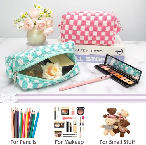 Miniatura 4 de PAZIMIIK Bolsa de Maquillaje a Cuadros para Bolso Portátil con Cremallera, Estuche Pequeño de Cosméticos para Accesorios de Viaje, Azul Ártico