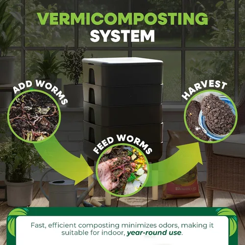 Miniatura 5 de FCMP Outdoor - The Essential Living Composter, contenedor de 4 bandejas para vermicompostador, color negro