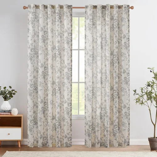 Miniatura 50 de Jinchan Cortinas de Mezcla de Lino con Estampado Floral para Sala de Estar, 84 Pulgadas de Largo, Cortinas con Bolsillo para Varilla y Tab Trasera