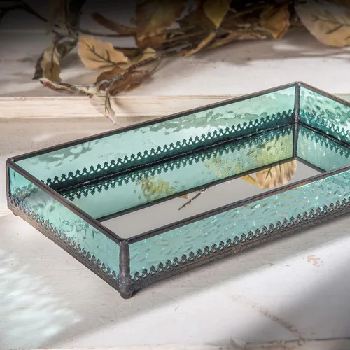 Miniatura 5 de Bandeja de cristal azul turquesa con fondo de espejo, decorativa para baño, tocador, cosméticos, maquillaje, exhibición, soporte para perfumes