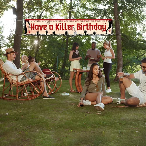 Miniatura 7 de Labakita Cartel grande de cumpleaños con texto en inglés "Have a Killer", decoración de fiesta de cumpleaños de Halloween, terror de terror