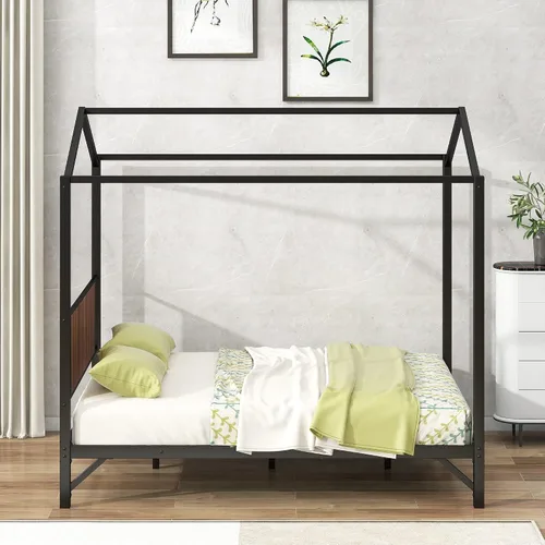 Miniatura 2 de Cama de metal simple con base de tablillas, cama de plataforma tamaño Queen con techo y cabecero, para niños, adolescentes, niños, niñas, uso