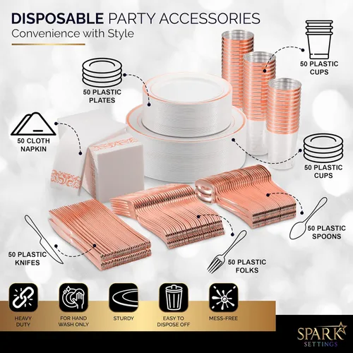 Miniatura 4 de Platos de plástico de oro rosa para fiesta, cubiertos de plástico de oro rosa, juego de vajilla de boda de 350 piezas, 50 invitados, 100 platos