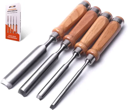 ATOPLEE Juego de 4 cinceles de madera para carpintería, herramienta profesional de cincel de madera, gubia de carpintero CR-V, borde semicircular,
