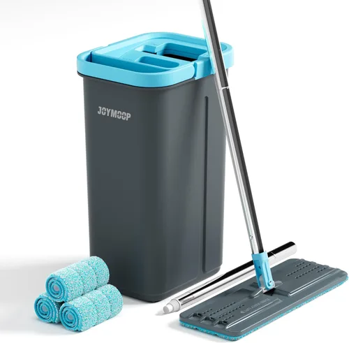 Juego de trapeador y cubeta JOYMOOP con escurridor, con 3 almohadillas de microfibra reutilizables, trapeadores para limpieza de pisos y paredes,