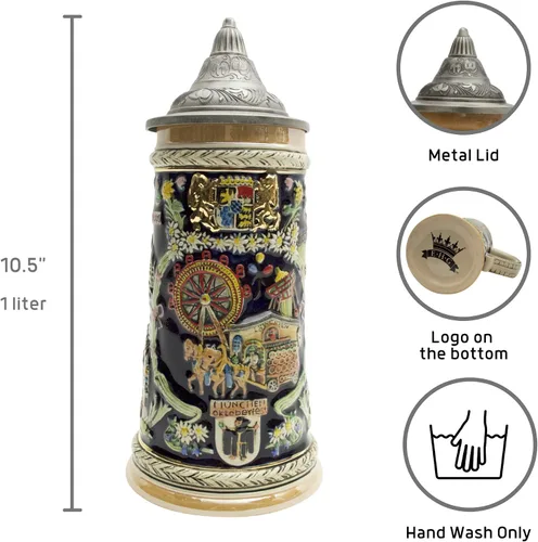 Miniatura 3 de Essence of Europe Gifts OktoberfestHaus - Taza grande de cerveza con tapa de metal, pintada a mano, grabada a mano, con tapa de metal, 1 litro