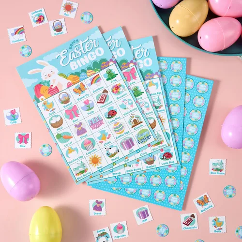 Miniatura 6 de JOYIN Tarjeta de bingo de Pascua para 28 jugadores (5 x 5) con color azul para niños, niñas y adultos, juegos de Pascua, actividades escolares